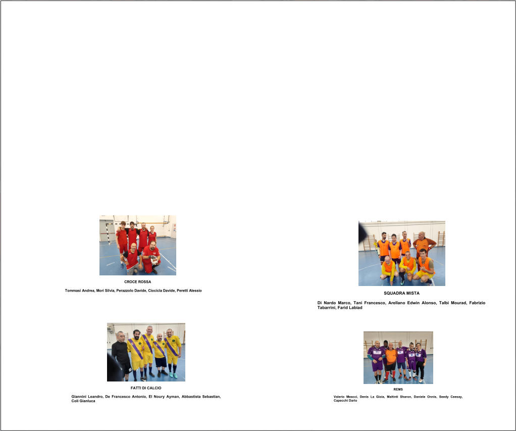 CROCE ROSSA Tommasi Andrea, Mori Silvia, Perazzolo Davide, Ciocicla Davide, Peretti Alessio SQUADRA MISTA Di Nardo Marco, Tani Francesco, Arellano Edwin Alonso, Talbi Mourad, Fabrizio  Tabarrini, Farid Labiad  FATTI DI  CALCIO Giannini Leandro, De Francesco Antonio , El Noury Ayman, Abbastista Sebastian,  Coli Gianluca REMS Valerio Meacci, Denis La Gioia, Maltinti Sharon, Daniele Onnis, Seedy Ceesay,  Capecchi Dario